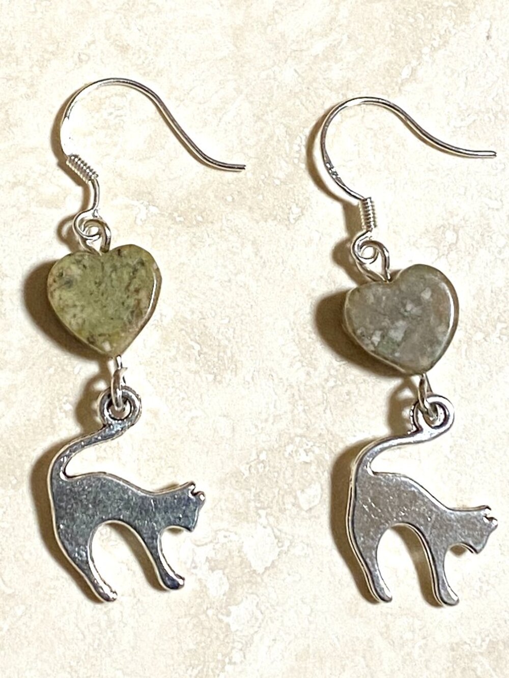 2/$20, Unakite Stone Heart Slim Cat Earrings, Gemstone & Sterling Silver Hooks